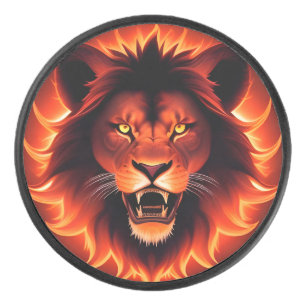 Fiery Lion Face With Glowing Mane Hockey Puck