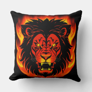Fiery Lion Illustration Surrounded by Flamboyant Cushion