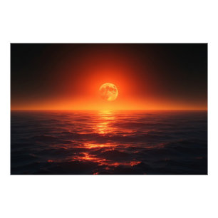 Fiery Moon Over Calm Ocean Fantasy Sunset Photo Print