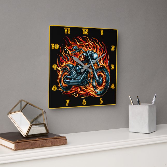 Fiery motorcycle blazing through a cosmic backdrop square wall clock (Office)