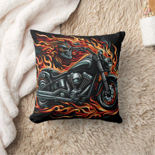 Fiery motorcycle blazing through darkened streets cushion