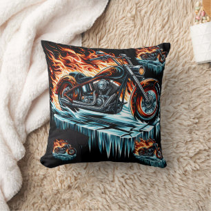 Fiery motorcycle on a frozen surface at dusk cushion