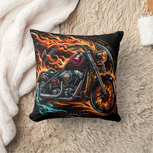 Fiery motorcycle racing down the open road at dusk cushion