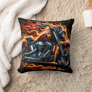 Fiery motorcycle revving in a blaze at sunset cushion
