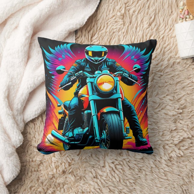 Fiery motorcycle rider in vibrant sunset glow cushion (Blanket)
