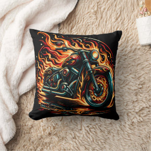 Fiery motorcycle roaring through a blazing night cushion