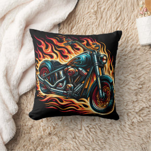 Fiery motorcycle roaring through flames at sunset cushion