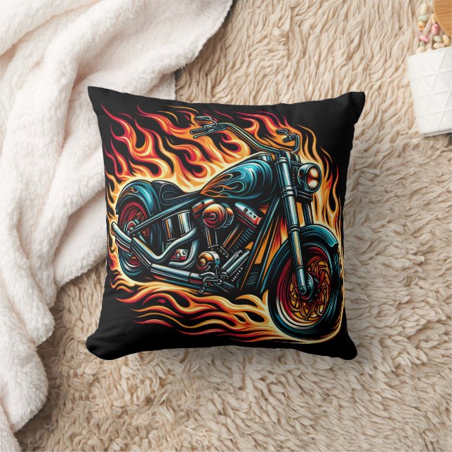 Fiery motorcycle roaring through flames at sunset cushion (Blanket)