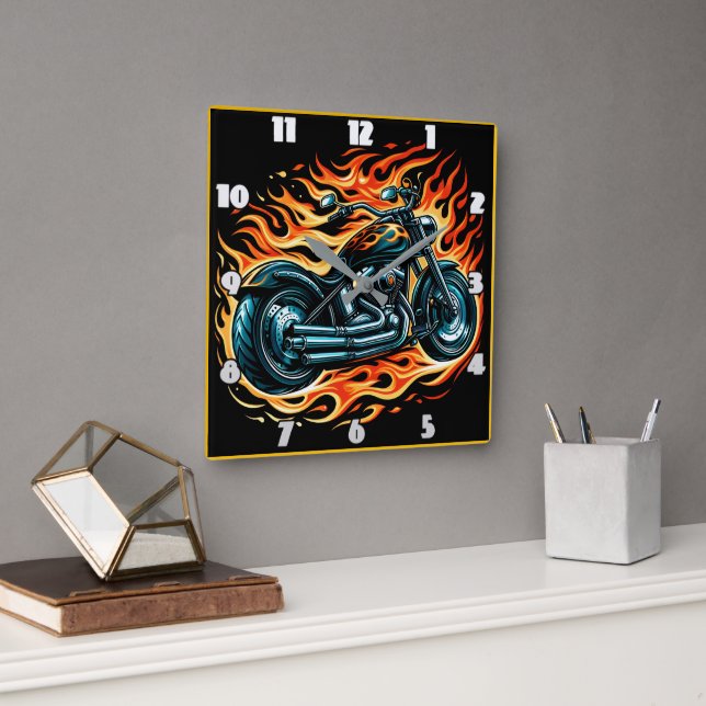 Fiery motorcycle roaring through the night sky square wall clock (Office)
