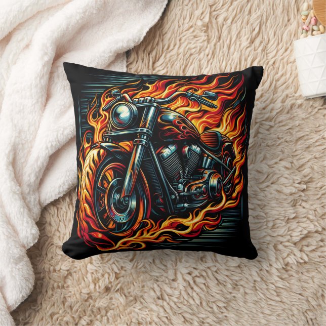 Fiery motorcycle roaring through vibrant flames cushion (Blanket)