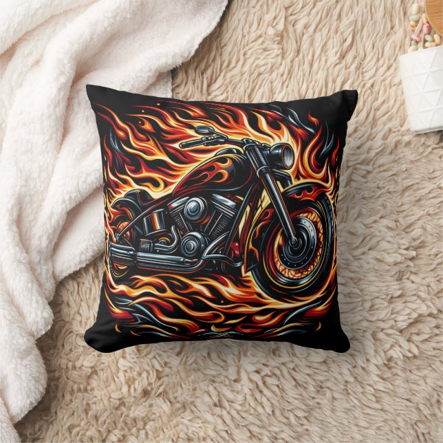 Fiery motorcycle roaring through vibrant flames cushion (Blanket)