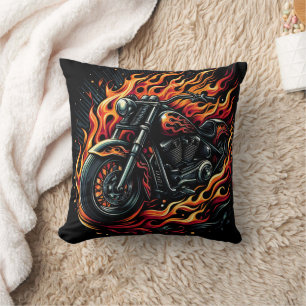 Fiery motorcycle with flames in vibrant colours cushion
