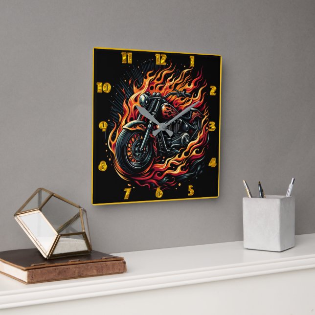 Fiery motorcycle with flames in vibrant colours square wall clock (Office)