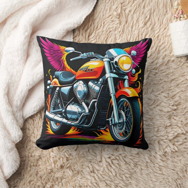 Fiery motorcycle with vibrant wings in sunset glow cushion (Blanket)