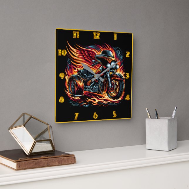 Fiery motorcycle with wings racing through flames square wall clock (Office)