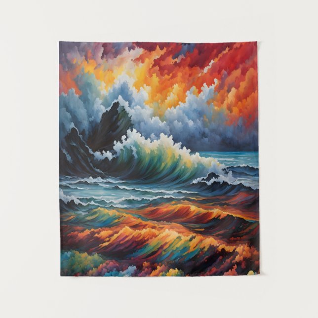 Fiery Ocean Storm - Abstract Seascape Art Tapestry (Front)