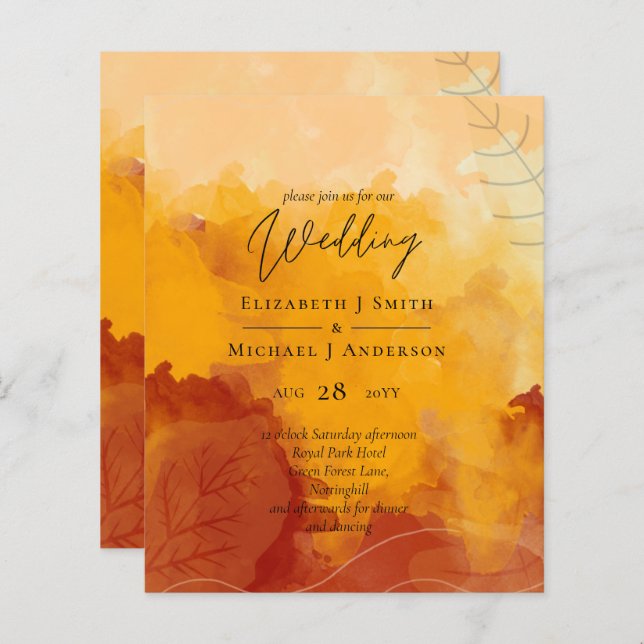 Fiery Orange Watercolor Abstract Sunset Wedding (Front/Back)