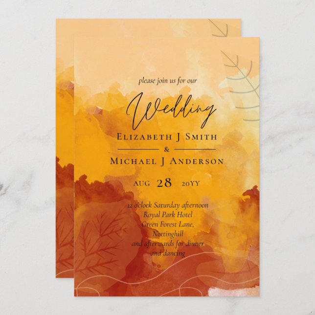 Fiery Orange Watercolor Abstract Sunset Wedding (Front/Back)