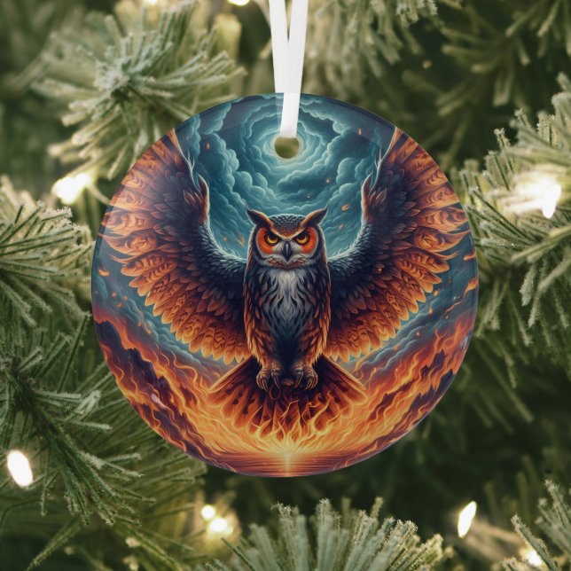 Fiery Owl Phoenix Ascension Glass Tree Decoration (Insitu)