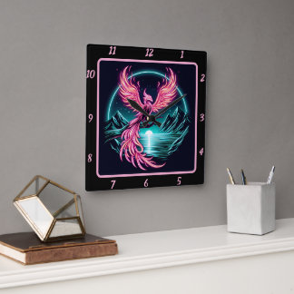 Fiery Phoenix Above Silent Mountain Square Wall Clock