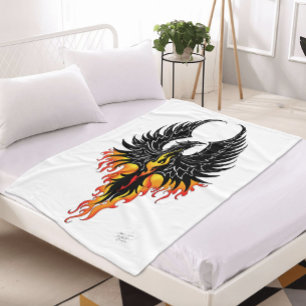 Fiery Phoenix Rising Firebird Black Tribal Flames Fleece Blanket