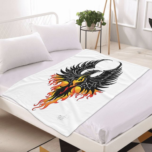 Fiery Phoenix Rising Firebird Black Tribal Flames Fleece Blanket (Creator Uploaded)