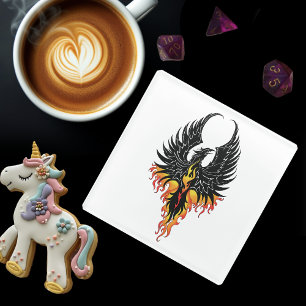Fiery Phoenix Rising Firebird Black Tribal Flames Glass Coaster