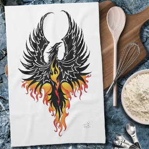 Fiery Phoenix Rising Firebird Black Tribal Flames Tea Towel