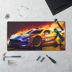Fiery Racing Sports Car Digital Art Desk Mat