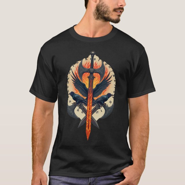 Fiery Raven Guardian: Viking Sword & Axe Emblem T-Shirt (Front)