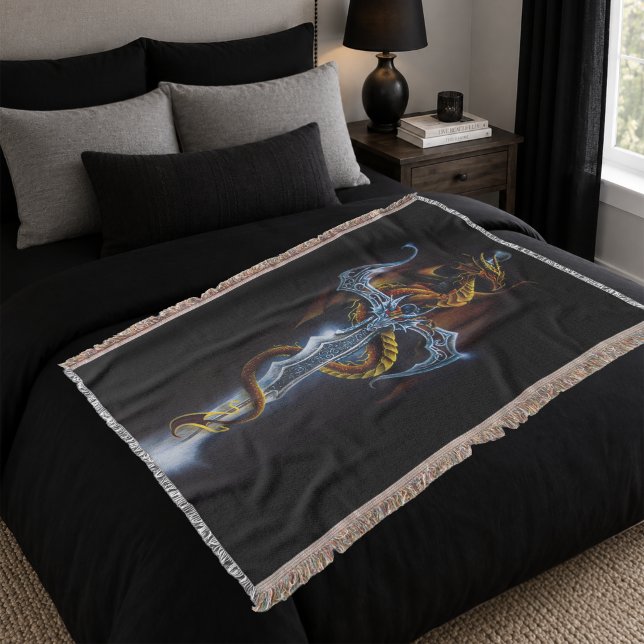 Fiery Red Fantasy Dragon Silver Sword Painting Throw Blanket (Creator Uploaded)