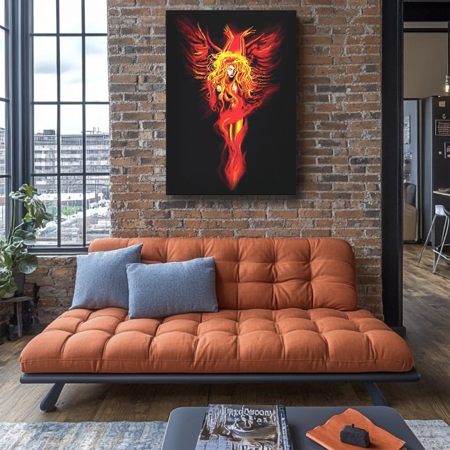Fiery Red Fantasy Phoenix Woman Black Canvas Print (Creator Uploaded)