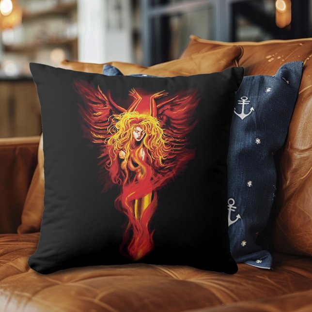 Fiery Red Fantasy Phoenix Woman Black Cushion (Creator Uploaded)
