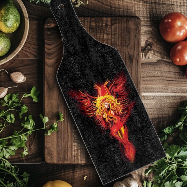 Fiery Red Fantasy Phoenix Woman Black Cutting Board (Creator Uploaded)