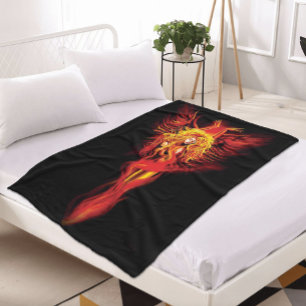 Fiery Red Fantasy Phoenix Woman Black Fleece Blanket