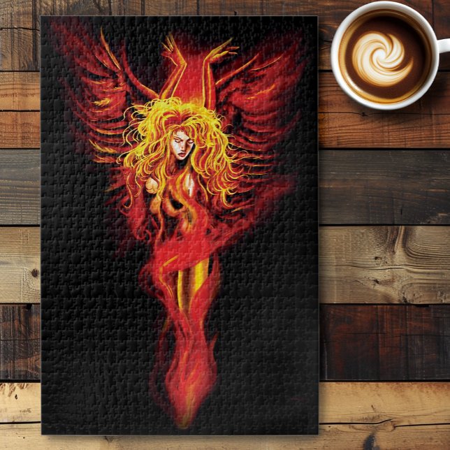 Fiery Red Fantasy Phoenix Woman Black Jigsaw Puzzle (Creator Uploaded)