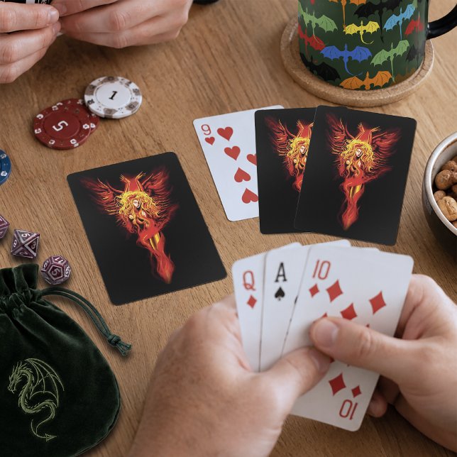 Fiery Red Fantasy Phoenix Woman Black Playing Cards (Creator Uploaded)