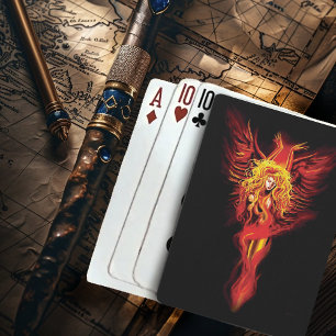 Fiery Red Fantasy Phoenix Woman Black Playing Cards