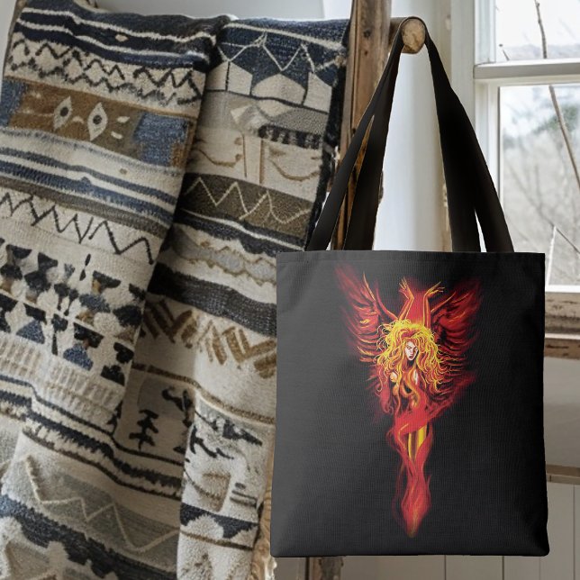 Fiery Red Fantasy Phoenix Woman Black Tote Bag (Creator Uploaded)