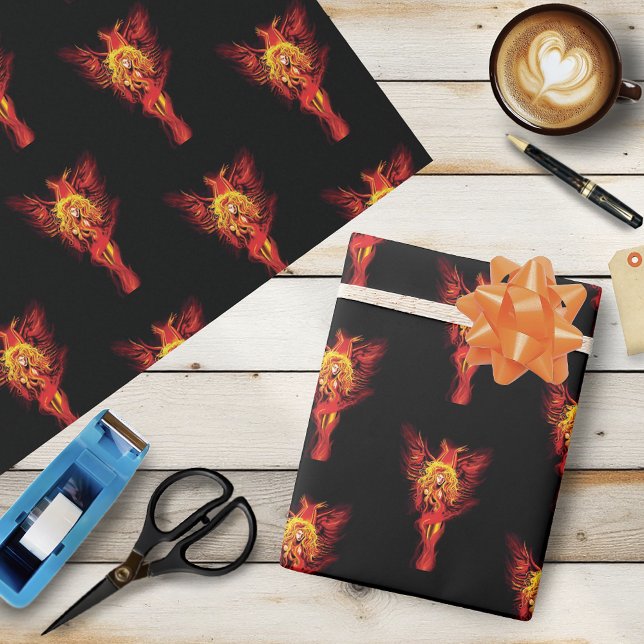 Fiery Red Fantasy Phoenix Woman Black Wrapping Paper (Creator Uploaded)