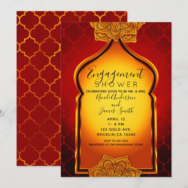 Fiery Red Gold Indian Arabian Engagement Shower Invitation (Front/Back)