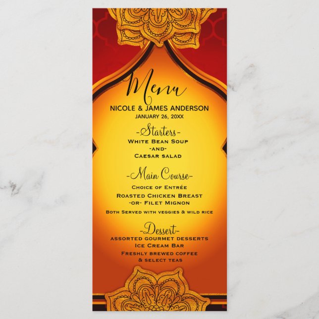 Fiery Red Gold Royal Mandala Indian Moroccan Menu (Front)
