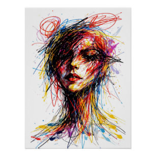 Fiery Scribble Portrait Emotional Whirl Poster