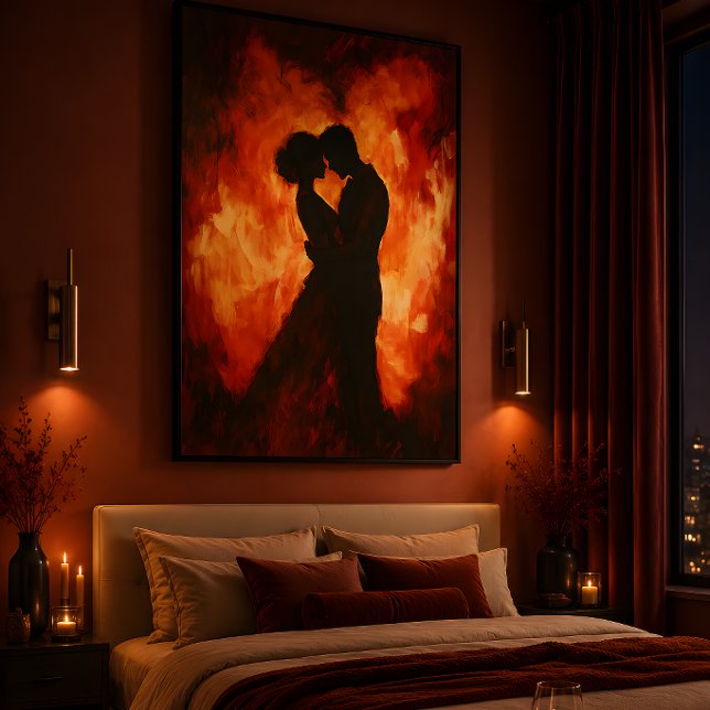 Fiery Silhouette of a Romantic Couple Poster (Transform your bedroom with this dramatic romantic fire inspired couple wall art print.)