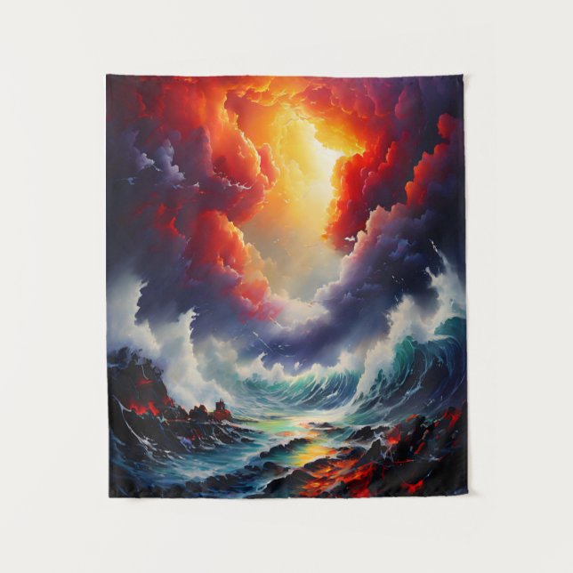 Fiery Sky and Roaring Sea – Dynamic Seascape Art Tapestry (Front)