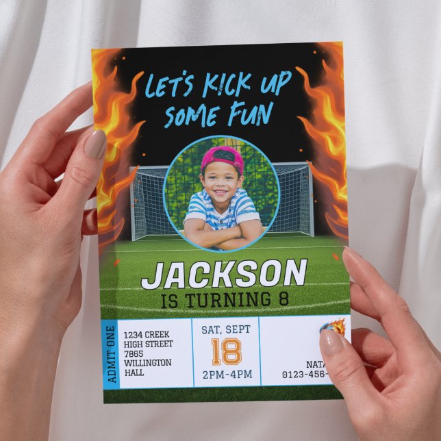 Fiery Soccer Theme Boys Photo Birthday  Invitation (Creator Uploaded)
