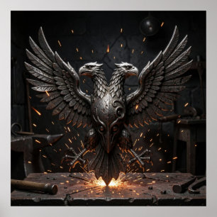 Fiery Sparks and Heavy Metal Forged Eagle Decorati Poster
