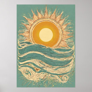 Fiery Sun On Green Sun Illustration Wall Art Print