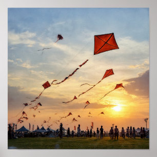 Fiery Sunset Kites - Festival Silhouettes Poster