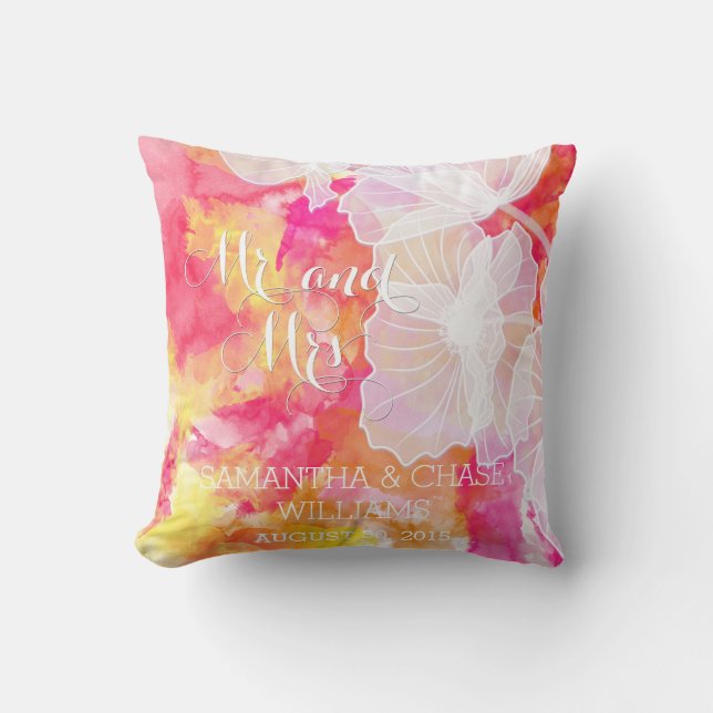 FIERY SUNSET WATERCOLOR HOLLYHOCK WEDDING PILLOW (Front)